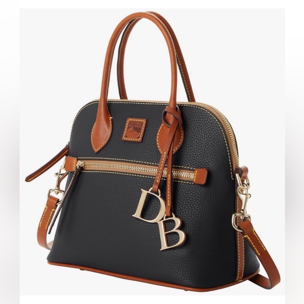 AUTHENTIC Dooney & Bourke Black Pebble Grain Leather Tan Trim Domed Satchel Bag